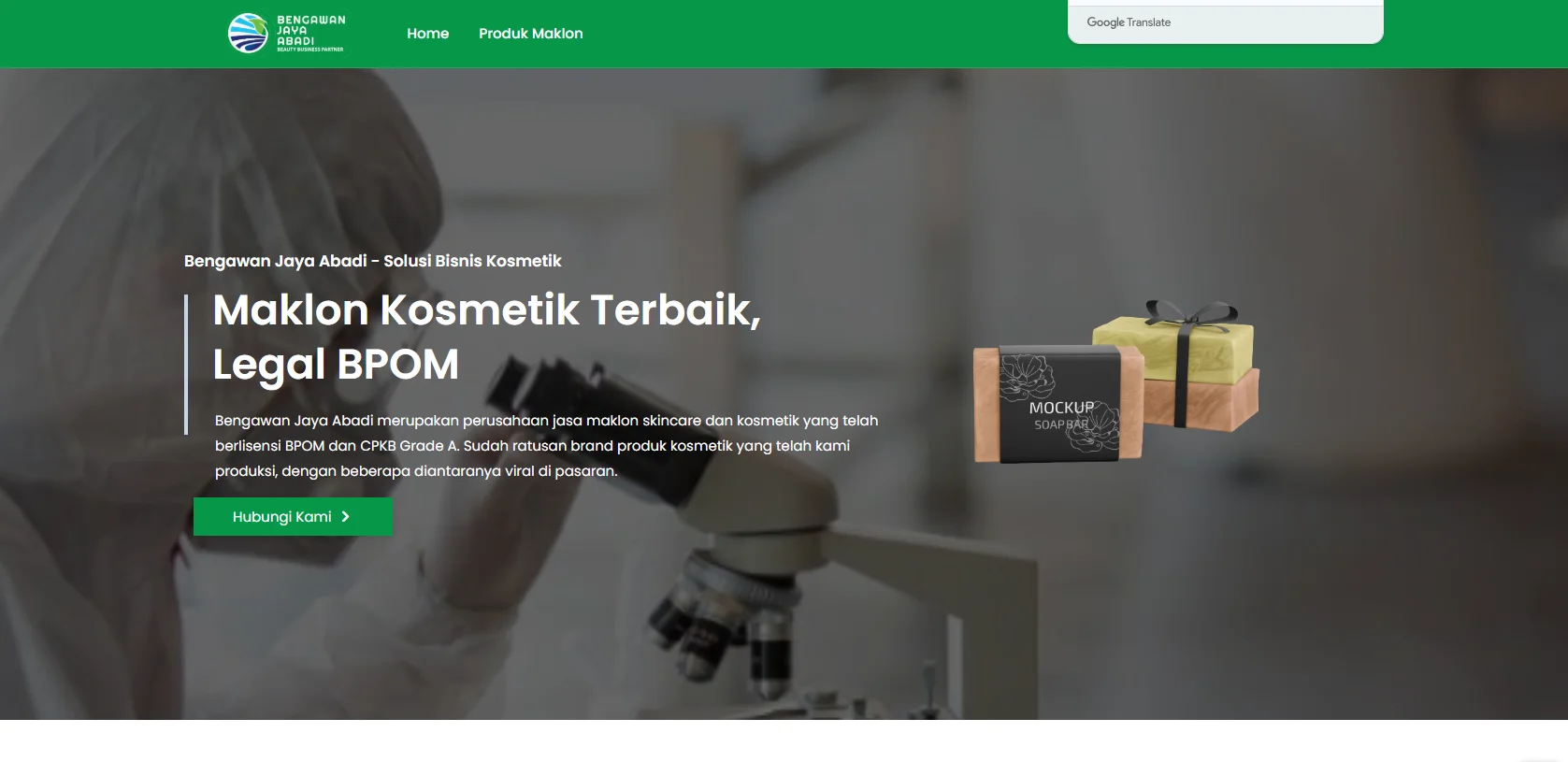 Website banner for Bengawan Jaya Abadi, featuring a microscope and soap bar mockups promoting licensed cosmetic manufacturing services.